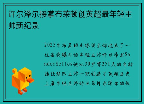 许尔泽尔接掌布莱顿创英超最年轻主帅新纪录